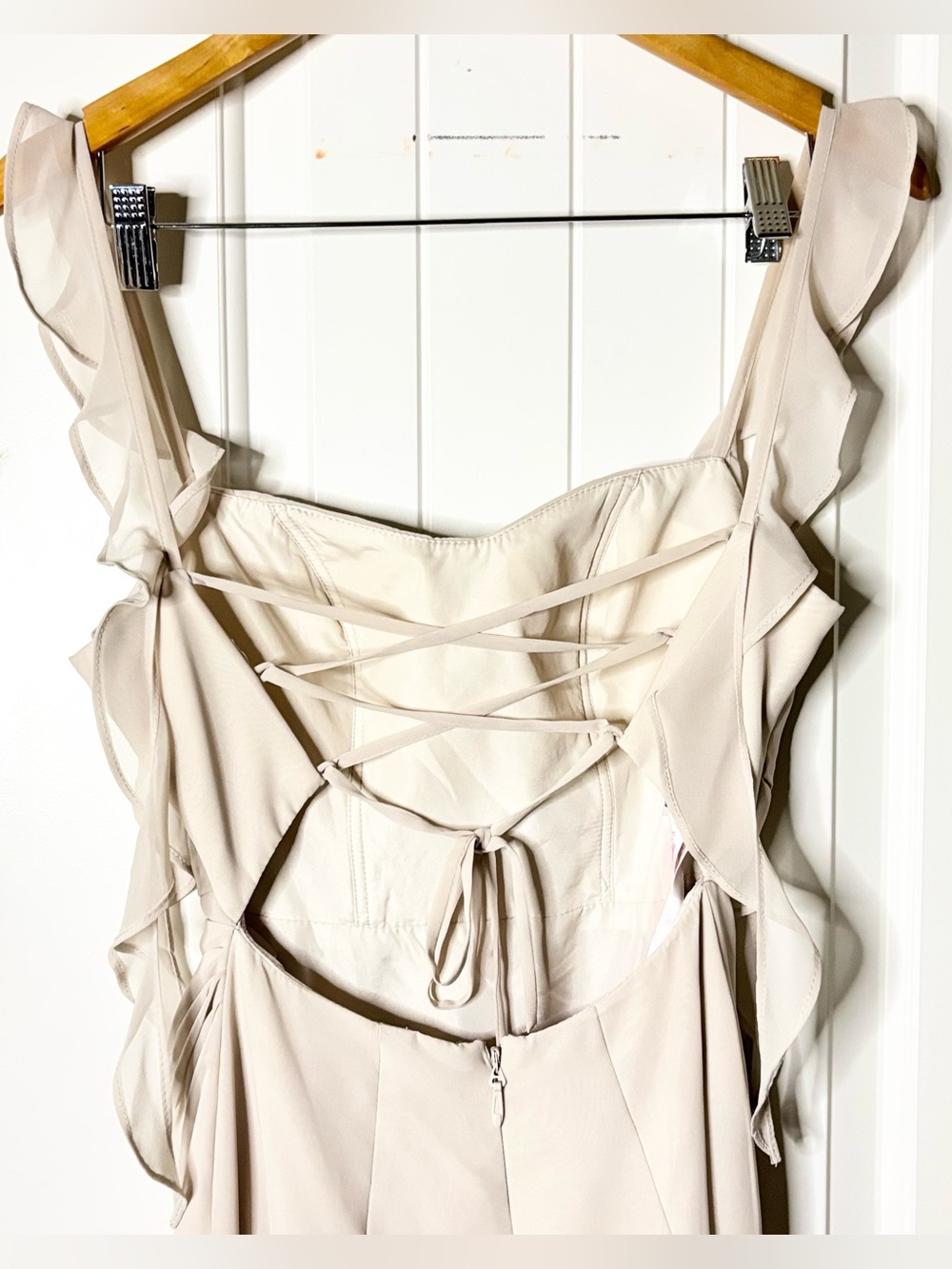 Barbie X Azazie Elegant Cream Ruffled Strap Evening Dress - Picture 3 of 9